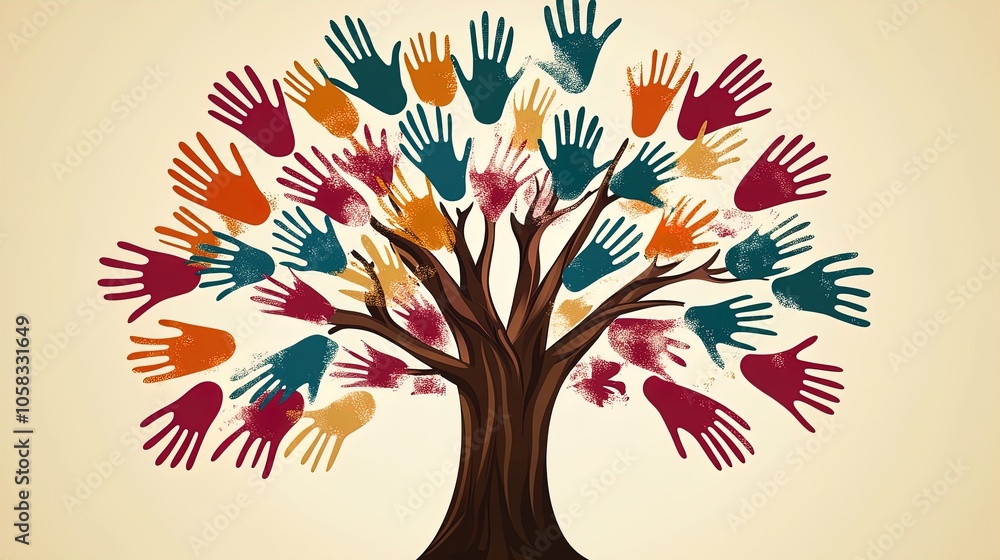Vibrant Tree of Handprints: A Stunning Poster for Sports Interiors, Featuring Deep Blue and Striking Red Against an Elegant Cream Background Vibrant Tree of Handprints: A Stunning Poster for Sports Interiors, Featuring Deep Blue and Striking Red Against an Elegant Cream Background