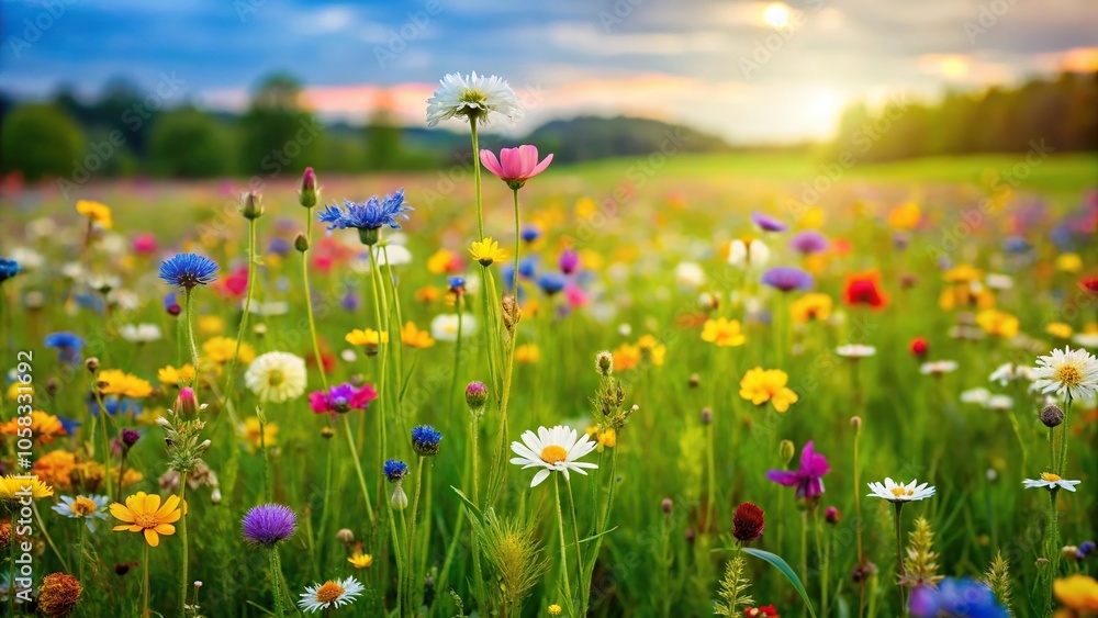 A lush green meadow filled with wildflowers in different shapes and sizes swaying gently in the breeze, countryside, vibrant A lush green meadow filled with wildflowers in different shapes and sizes swaying gently in the breeze, countryside, vibrant