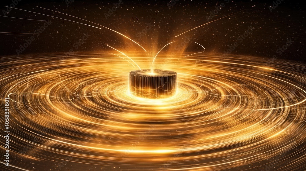 Symmetrical Magnetic Field Visualization with Glowing Orange Energy Lines and Central Light Source, Illustrating Science and Physics Concepts of Electromagnetic Waves, Radiation, and Energy Fields Symmetrical Magnetic Field Visualization with Glowing Orange Energy Lines and Central Light Source, Illustrating Science and Physics Concepts of Electromagnetic Waves, Radiation, and Energy Fields