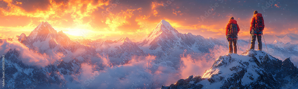 A mountain climber stands triumphantly on a snow-covered peak at sunrise, perfect for outdoor adventure promotions, winter sports events, and inspirational campaigns. A mountain climber stands triumphantly on a snow-covered peak at sunrise, perfect for outdoor adventure promotions, winter sports events, and inspirational campaigns.