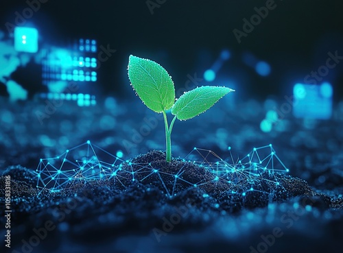 A young plant seedling growing in dark soil with a glowing blue network of lines and dots in the background.