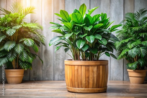 A large potted plant with a wooden planter and lush green leaves surrounding it, wooden decor, floral arrangements, plants, garden center