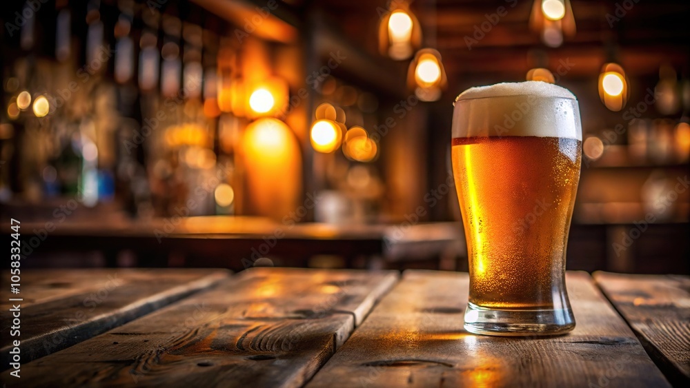 A glass of freshly poured beer with a foamy head sitting on a wooden table in a dimly lit bar environment, atmosphere, nightlife, glassware, drink A glass of freshly poured beer with a foamy head sitting on a wooden table in a dimly lit bar environment, atmosphere, nightlife, glassware, drink