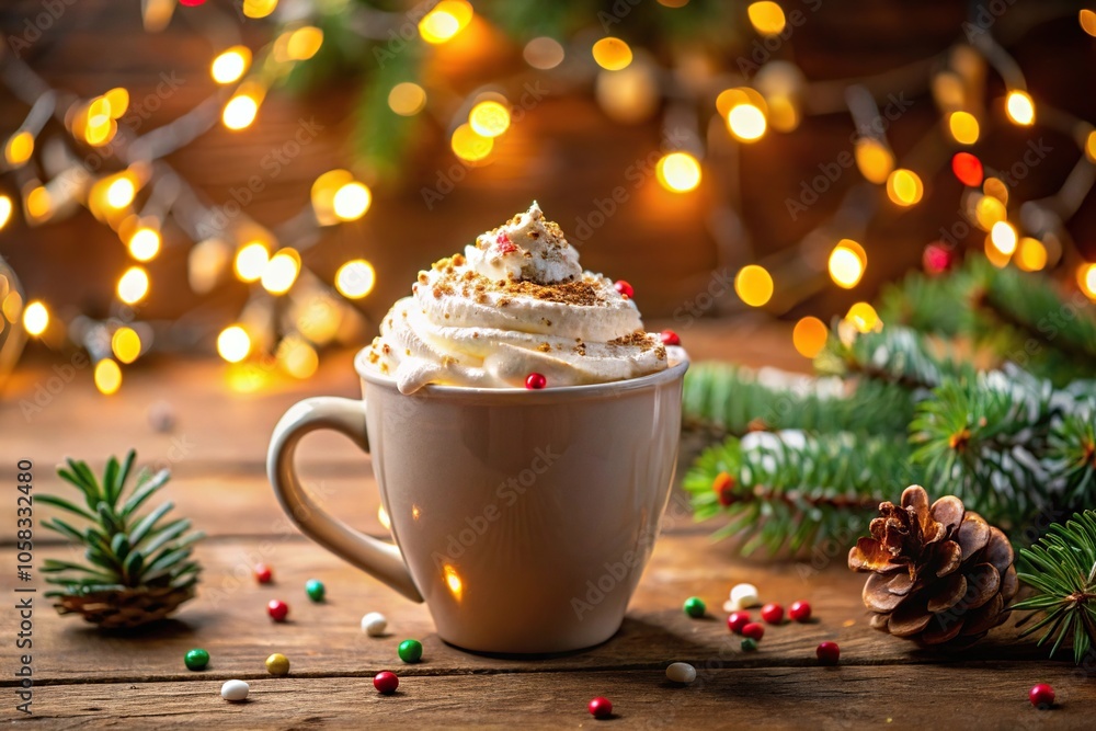 A frothy cup of hot chocolate with whipped cream and sprinkles in a festive holiday setting, hot chocolate, sprinkles, candy cane, holiday, whipped cream A frothy cup of hot chocolate with whipped cream and sprinkles in a festive holiday setting, hot chocolate, sprinkles, candy cane, holiday, whipped cream