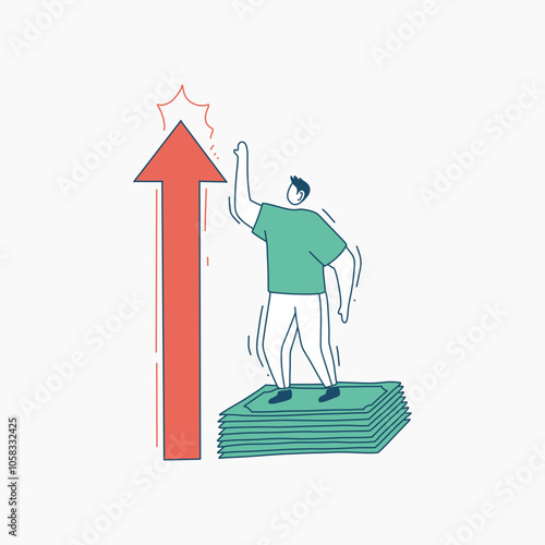 Man Reaching Upward on a Stack of Money with a Red Arrow