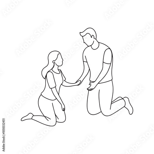  A couple kneels on the ground continuous line art flat vector illustration on white background.