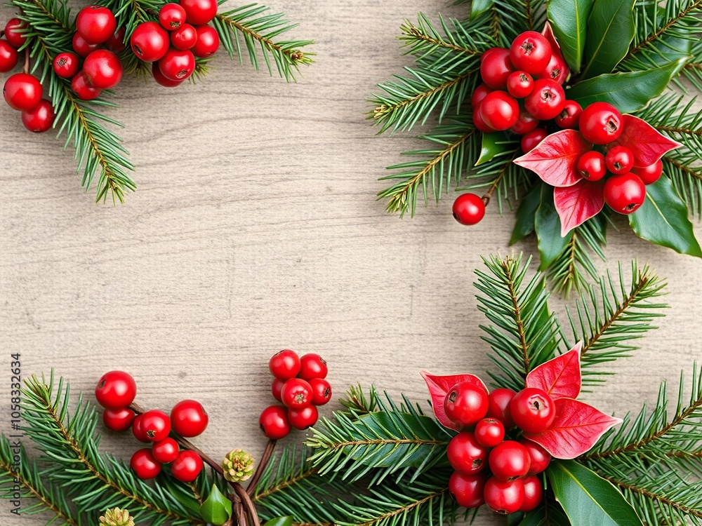 A festive background featuring vibrant red berries on a bed of green foliage, perfect for Christmas aesthetics, nature, green foliage A festive background featuring vibrant red berries on a bed of green foliage, perfect for Christmas aesthetics, nature, green foliage