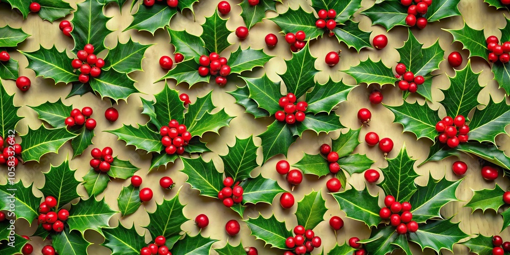 Obraz premium A festive pattern of holly leaves and berries in shades of green and red, decorative accents, colorful