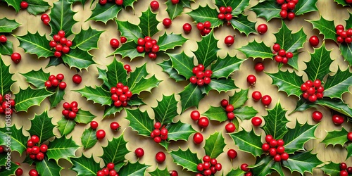 A festive pattern of holly leaves and berries in shades of green and red, decorative accents, colorful