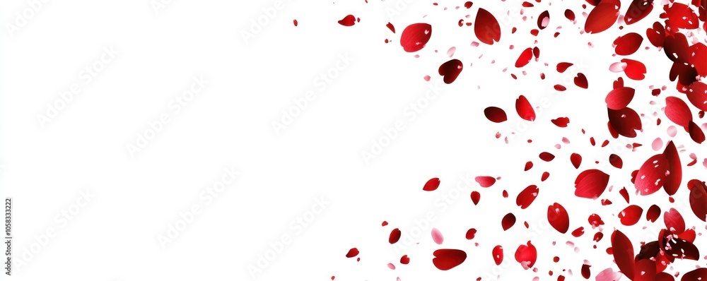 A scattering of red rose petals against a white background, creating a romantic and elegant feel. A scattering of red rose petals against a white background, creating a romantic and elegant feel.