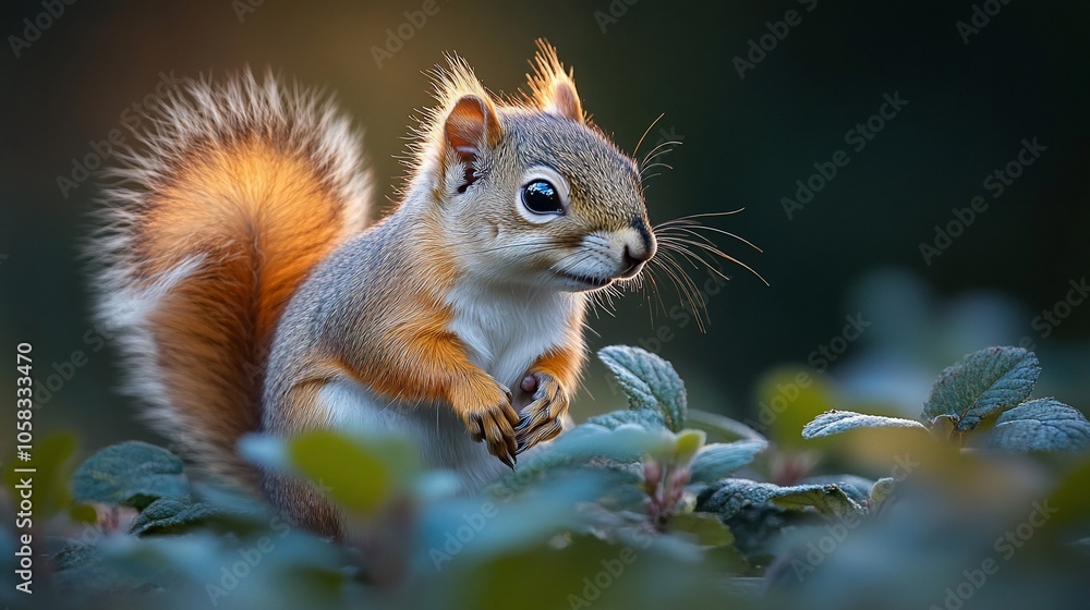 A red squirrel with a fluffy tail sits in green foliage, illuminated by the golden rays of the setting sun. A red squirrel with a fluffy tail sits in green foliage, illuminated by the golden rays of the setting sun.