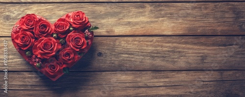 A heart-shaped box filled with red roses on a wooden surface, symbolizing love and affection.