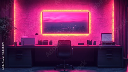 Modern workspace with neon lighting and city view.