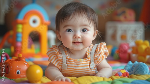 A happy baby playing on a colorful mat surrounded by toys.