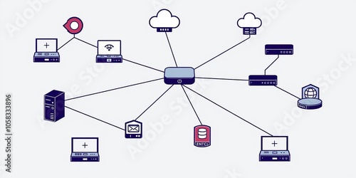 Network topology LAN objects icons depicting various hardware devices such as routers, servers, and switches for networking design, network, networking photo