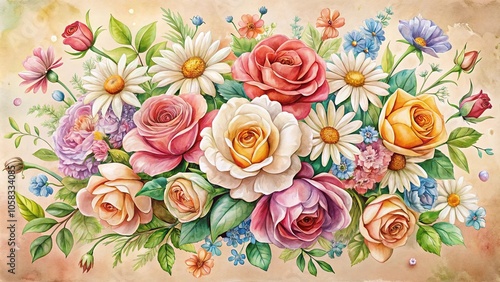 Watercolor depiction of a cluster of colorful flowers including roses and daisies with a warm beige background, warm background, garden decor