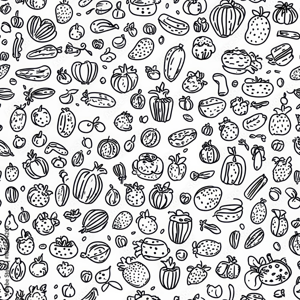 seamless pattern of cute hand-drawn doodles of fruits and veggies seamless pattern of cute hand-drawn doodles of fruits and veggies