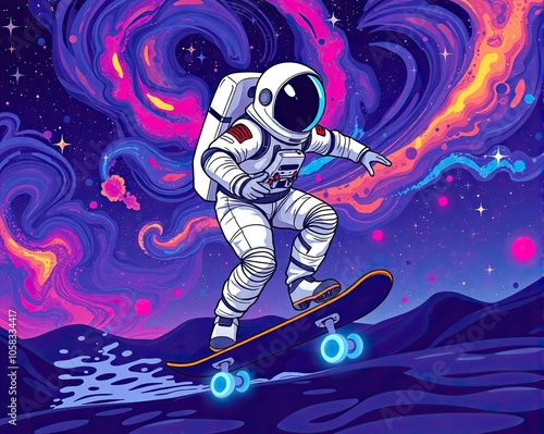 Cartoon art illustration of astronaut in space riding on space skateboard photo