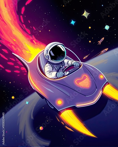 Cartoon illustration of a man space astronaut flying on a spaceship photo