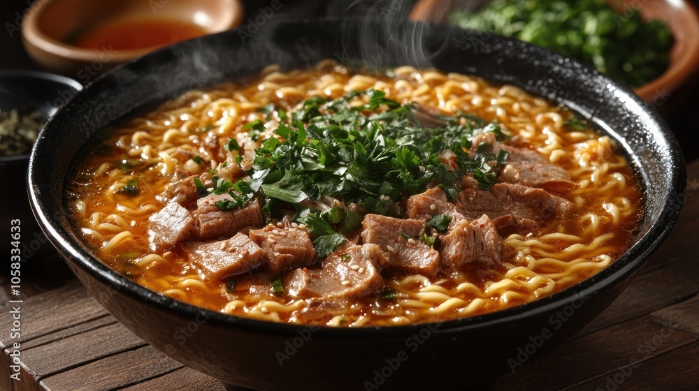 A steaming bowl of noodles topped with herbs and meat. A steaming bowl of noodles topped with herbs and meat.