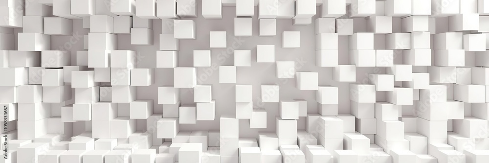 Randomly arranged white cube boxes creating a modern and abstract background with copy space, 3D, box Randomly arranged white cube boxes creating a modern and abstract background with copy space, 3D, box
