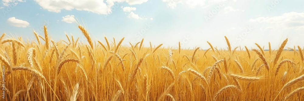 Vibrant painting of a golden wheat field on a sunny day, countryside, harvest