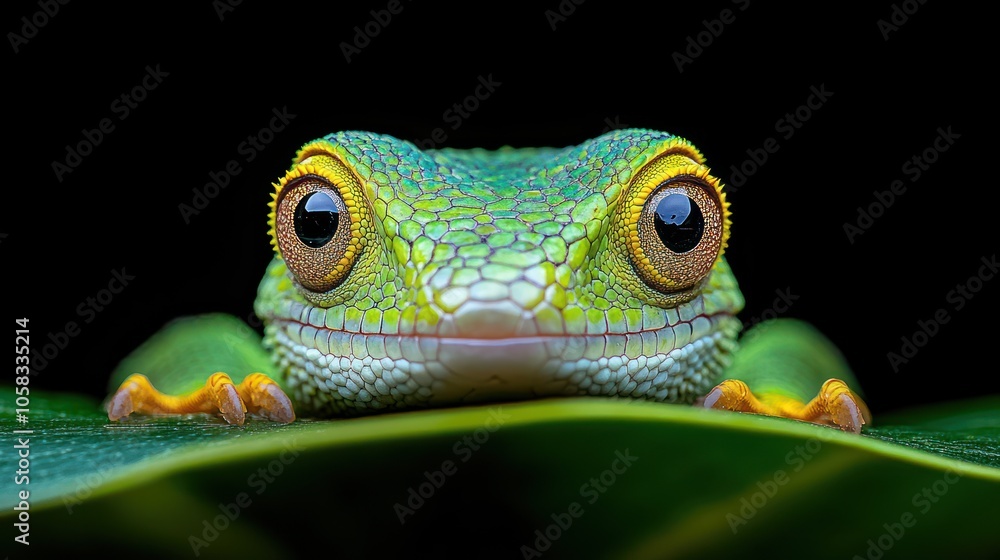 Close-up of a vibrant green frog on a leaf against a dark background. Close-up of a vibrant green frog on a leaf against a dark background.