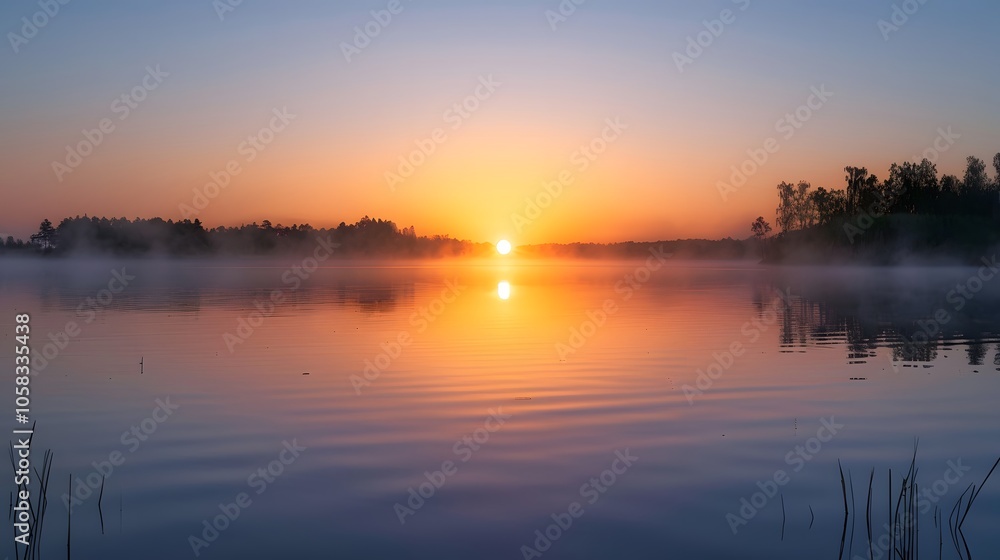 Serene Sunset Over Foggy Lake with Soft Reflections Serene Sunset Over Foggy Lake with Soft Reflections
