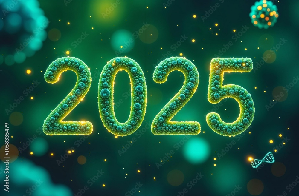 The figures of 2025, hovering on a green background with a DNA chain and green molecules, symbolizing a holiday in the field of science. The figures of 2025, hovering on a green background with a DNA chain and green molecules, symbolizing a holiday in the field of science.