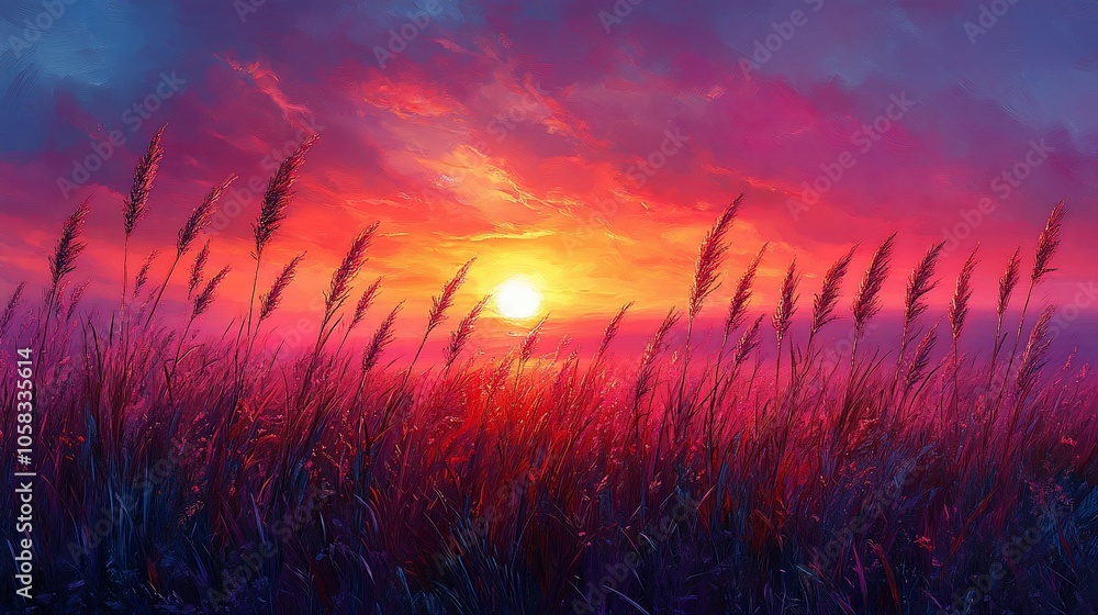 A vibrant sunset casts a warm glow over a field of tall grass, creating a picturesque scene of nature's beauty. A vibrant sunset casts a warm glow over a field of tall grass, creating a picturesque scene of nature's beauty.