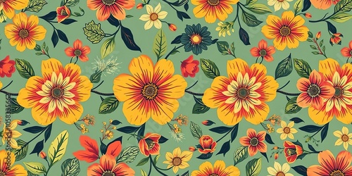 Seamless retro floral pattern with vibrant colors and intricate details, pattern, elegant