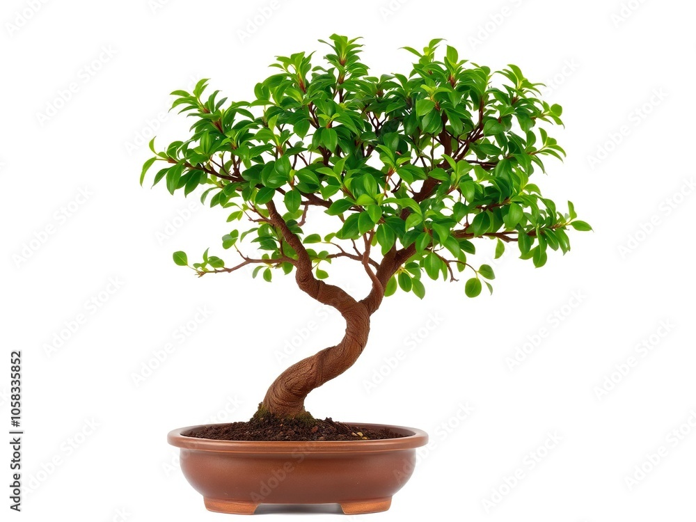Fototapeta premium Tree bonsai with twisted trunk and lush green foliage isolated on a white background, plant, zen