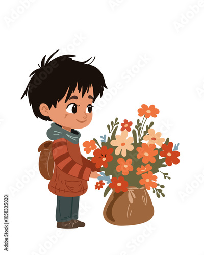 Little boy holding a sack filled with colorful flowers, cheerful and playful illustration