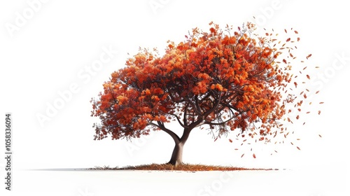 Isolated autumnal floral tree on white backdrop.