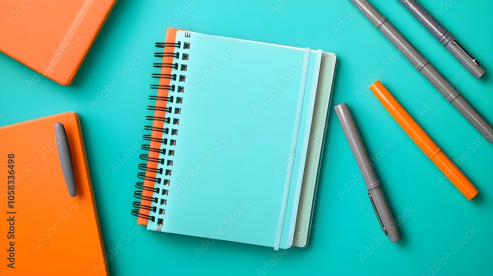 Blue Notebook and Pens on Teal Background Blue Notebook and Pens on Teal Background