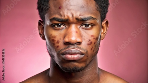 Close up photo of young african american man worried about skin problems. Suffering from the skin disease, acne scars, rosacea in the acute stage. Wide banner with copy space, simple pink background