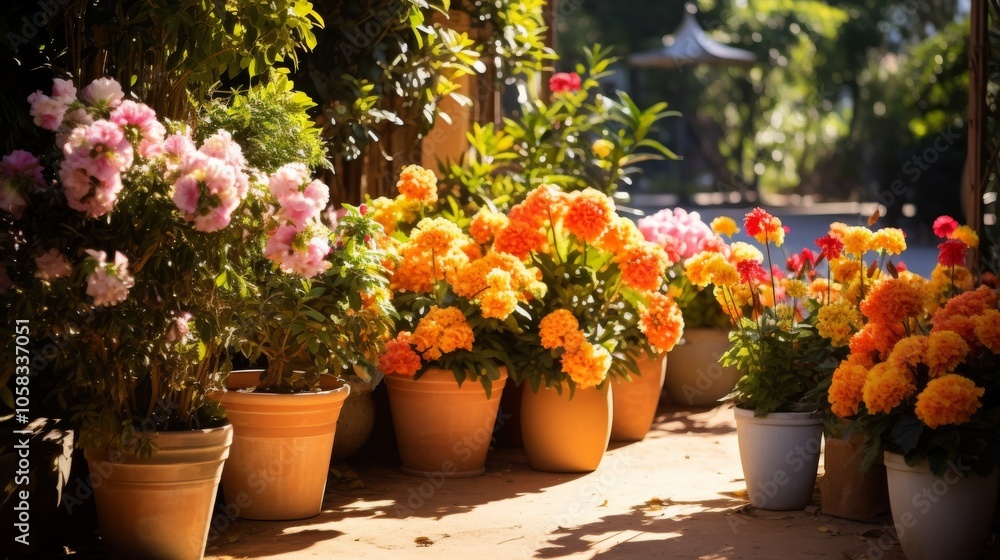 Colorful flowers in pots basking in warm sunlight, arranged on a patio in a serene outdoor garden setting
Colorful flowers in pots basking in warm sunlight, arranged on a patio in a serene outdoor garden setting