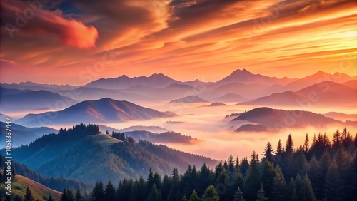 Soft pink and orange hues illuminate the mountain landscape as sunrise breaks, serene landscape, alpine scenery, mountain peaks, mountain sunrise, natural colors photo