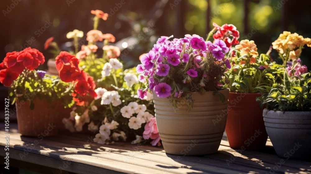Colorful flowers in pots basking in warm sunlight, arranged on a patio in a serene outdoor garden setting
Colorful flowers in pots basking in warm sunlight, arranged on a patio in a serene outdoor garden setting