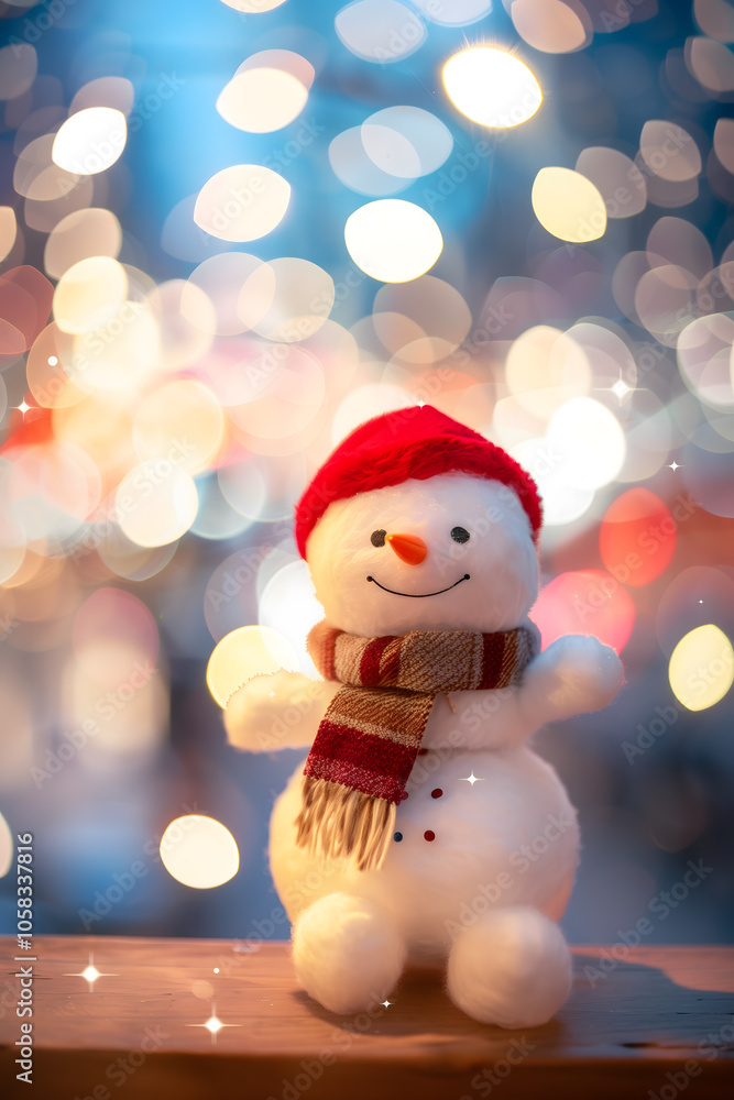 Obraz premium snowman with bokeh in the back. Cute children winter background. High quality photo
