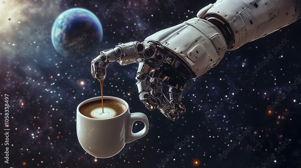 Naklejka premium Robot hand holding, pouring coffee into a cup, space background