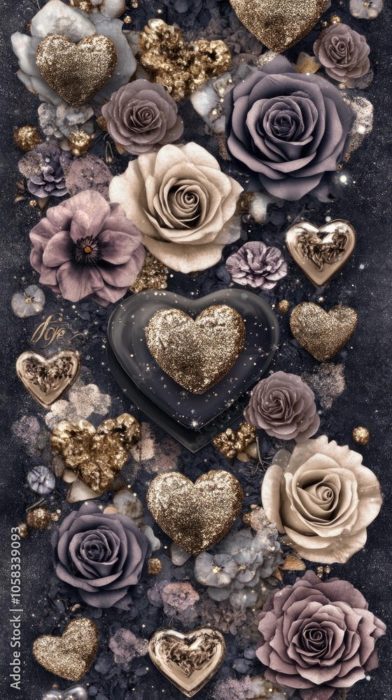 Fototapeta premium A decorative arrangement of roses and hearts in soft colors, ideal for romantic themes.