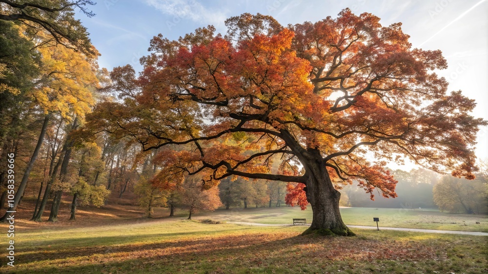 A solitary oak tree stands tall and majestic in a meadow, its vibrant autumn foliage ablaze with crimson, gold, and amber hues, bathed in the warm glow of the morning sun. A solitary oak tree stands tall and majestic in a meadow, its vibrant autumn foliage ablaze with crimson, gold, and amber hues, bathed in the warm glow of the morning sun.