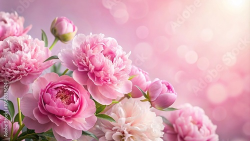 Pink peonies in full bloom against a soft pastel pink background, gorgeous petals, full bloom