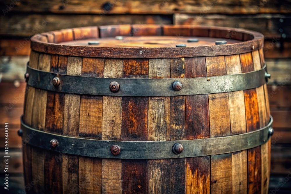 Old whiskey barrel with wooden staves and rusted metal bands, storage, barrels Old whiskey barrel with wooden staves and rusted metal bands, storage, barrels