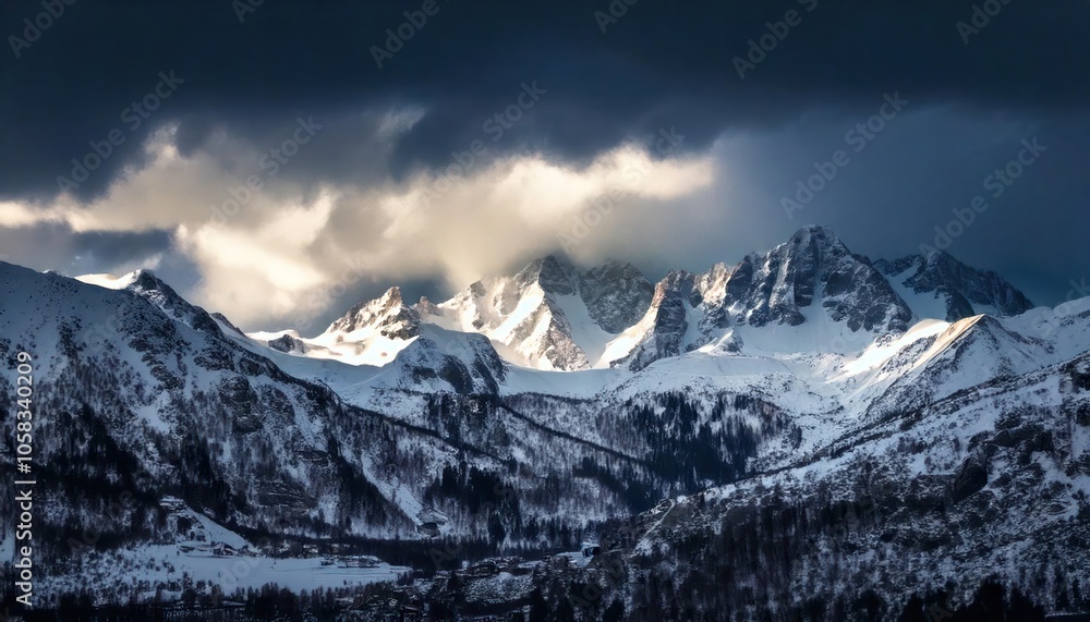 Obraz premium Dramatic snow-capped peaks with storm clouds gathering above, creating a powerful winter 