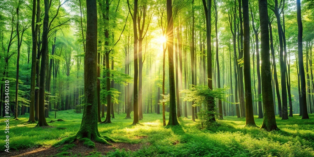 Fototapeta premium Nature Landscape serene forest scene with tall trees, lush greenery, and a hint of sunlight filtering through the leaves, outdoor, tree, forest, outdoors, nature