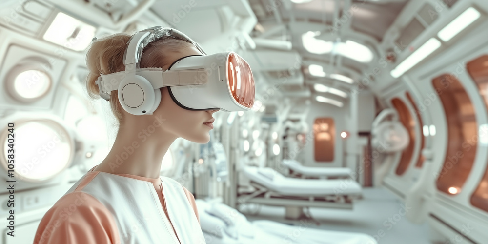 Woman Using VR Headset in Futuristic Medical Facility Woman Using VR Headset in Futuristic Medical Facility