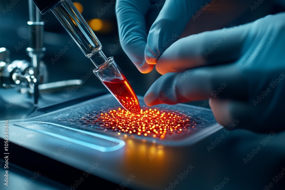 Forensic scientist analyzing blood sample with lab tools, with close-up of gloved hands and intense lighting capturing the precision and care in lab work, symbolizing science and caution Forensic scientist analyzing blood sample with lab tools, with close-up of gloved hands and intense lighting capturing the precision and care in lab work, symbolizing science and caution