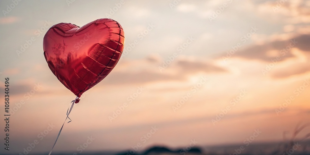Fototapeta premium A single red heart-shaped balloon floating in a pastel sky, a symbol of hope and love, against a backdrop of soft, hazy clouds, representing the vastness of dreams and aspirations.